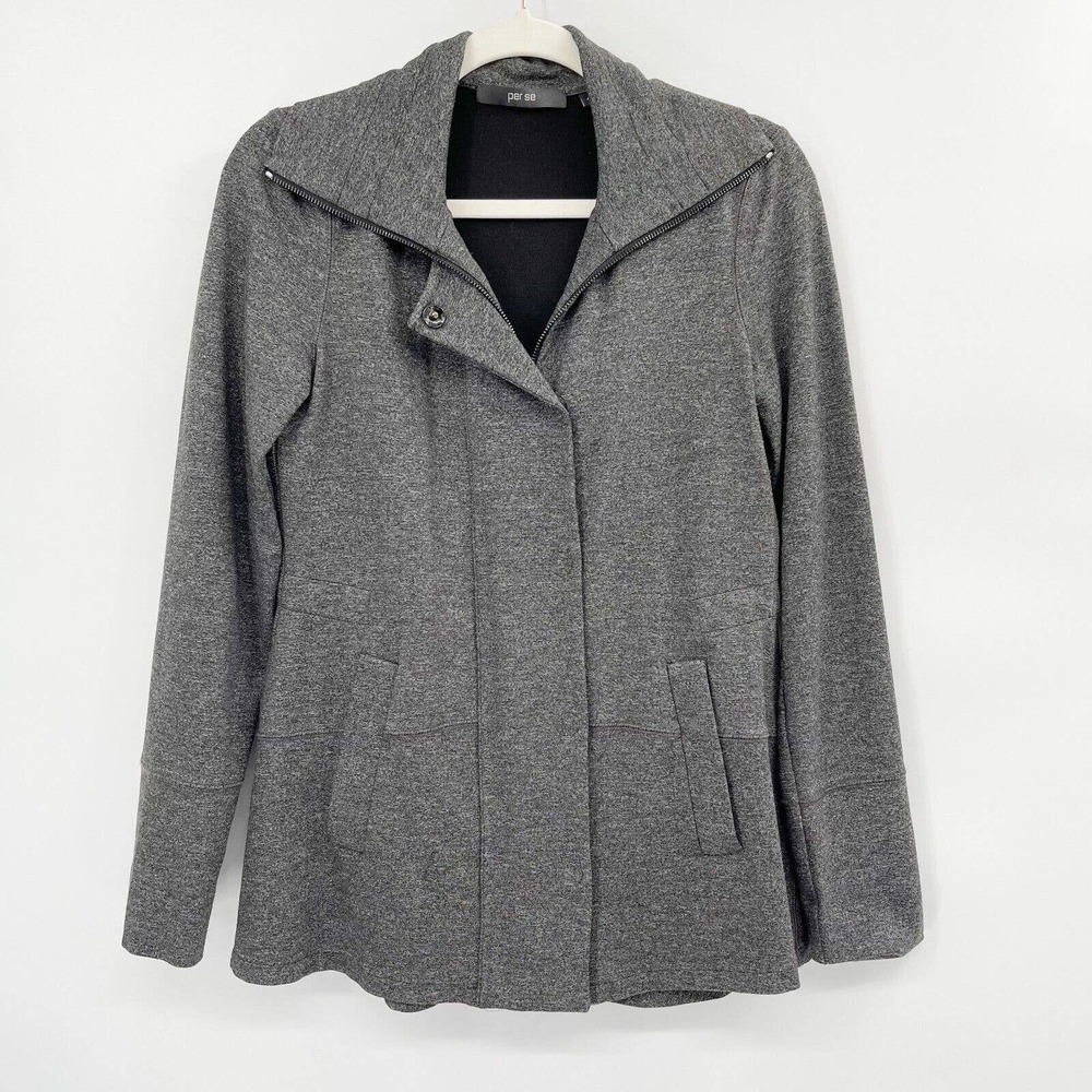 Per Se Blazer Jacket Heather Gray Size 4 Hidden Full Zip Mock Neck Collared‎